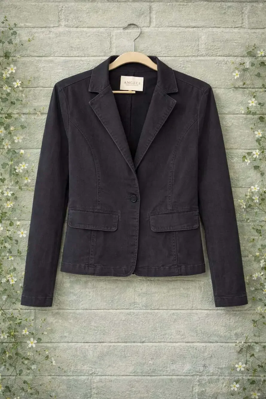 Angels Forever Young Black Washed Denim Blazer Jacket Size L